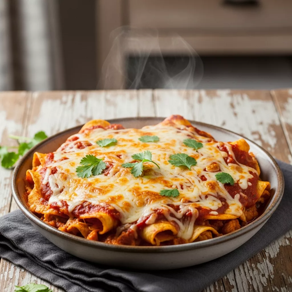A close-up of a bubbling crockpot chicken enchilada casserole, generously topped with melted cheese and fresh cilantro, served in a rustic ceramic bowl