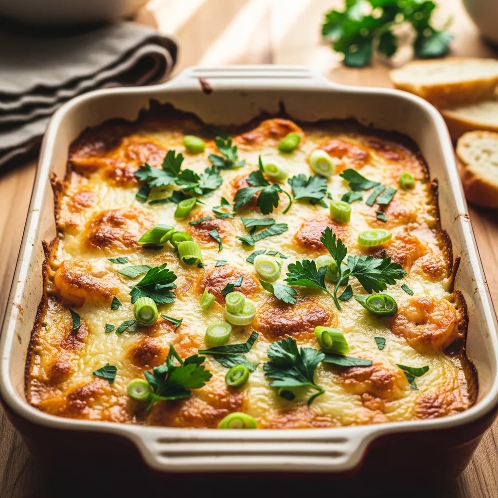 A close-up, direct overhead shot of a bubbling, golden-brown spicy Louisiana shrimp dip in a ceramic baking dish, garnished with fresh parsley and green onions, ready to be served