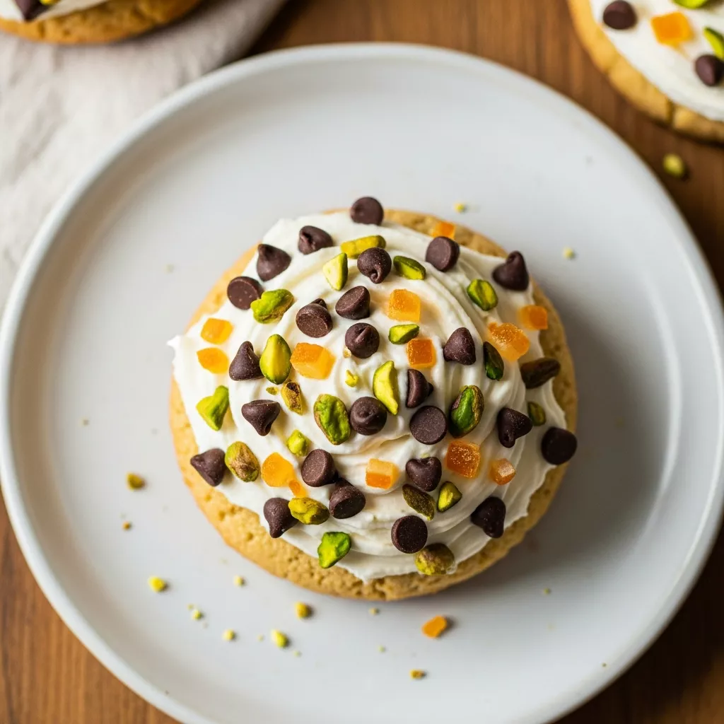 Delicious homemade cannoli cookies recipe on a ceramic plate, topped with creamy ricotta frosting, mini chocolate chips, pistachios, and candied orange peel