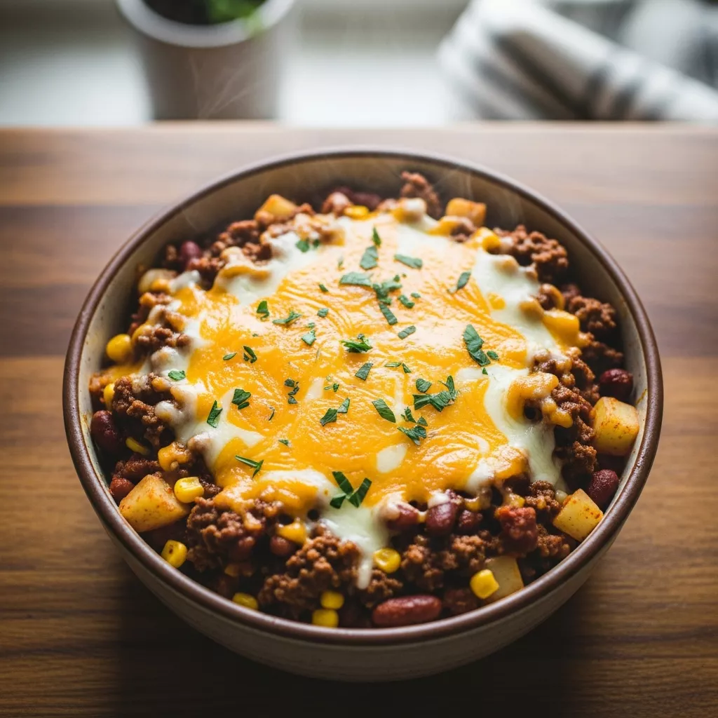 A close-up, direct view of a bubbling slow cooker cowboy casserole in a rustic bowl, topped with melted cheese and fresh parsley