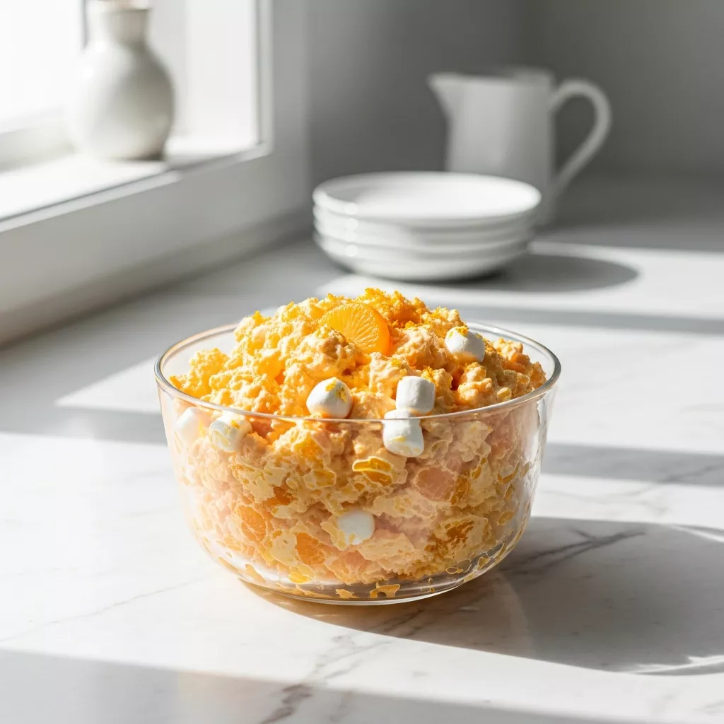 A close-up shot of a vibrant Zesty Orange Creamsicle Fluff Salad in a clear glass bowl, garnished with orange zest and a mandarin segment, showcasing its creamy texture. This orange creamsicle fluff salad is perfect for a light dessert