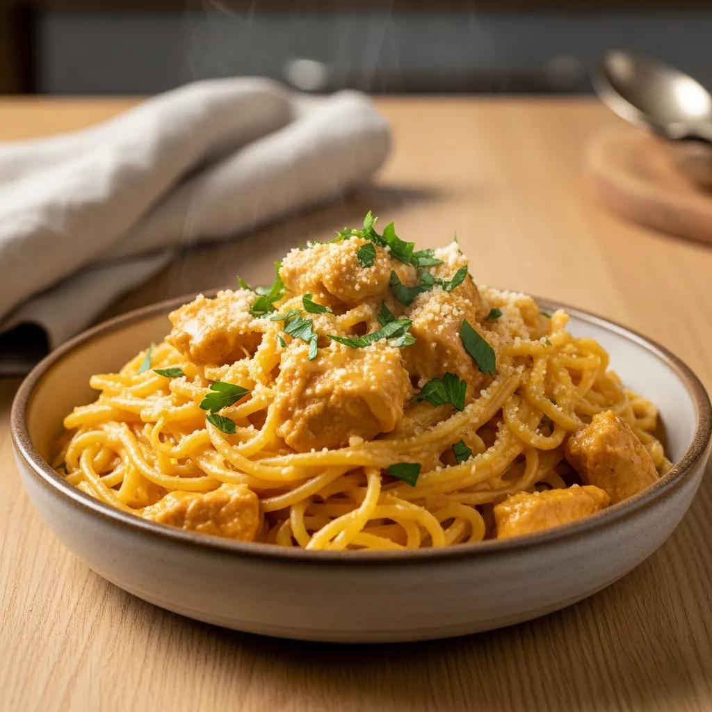 A macro close-up of creamy, spicy cajun chicken spaghetti in a rustic bowl, garnished with fresh parsley and Parmesan cheese, centered on a wooden table