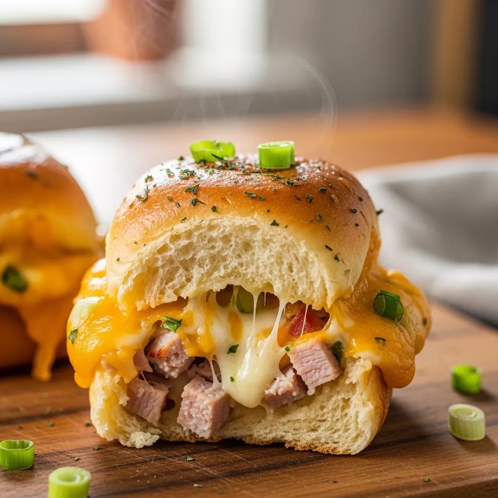 Close-up of a single easy mississippi sin sliders, golden brown with melted cheese and smoked turkey filling, garnished with green onions on a rustic wooden board
