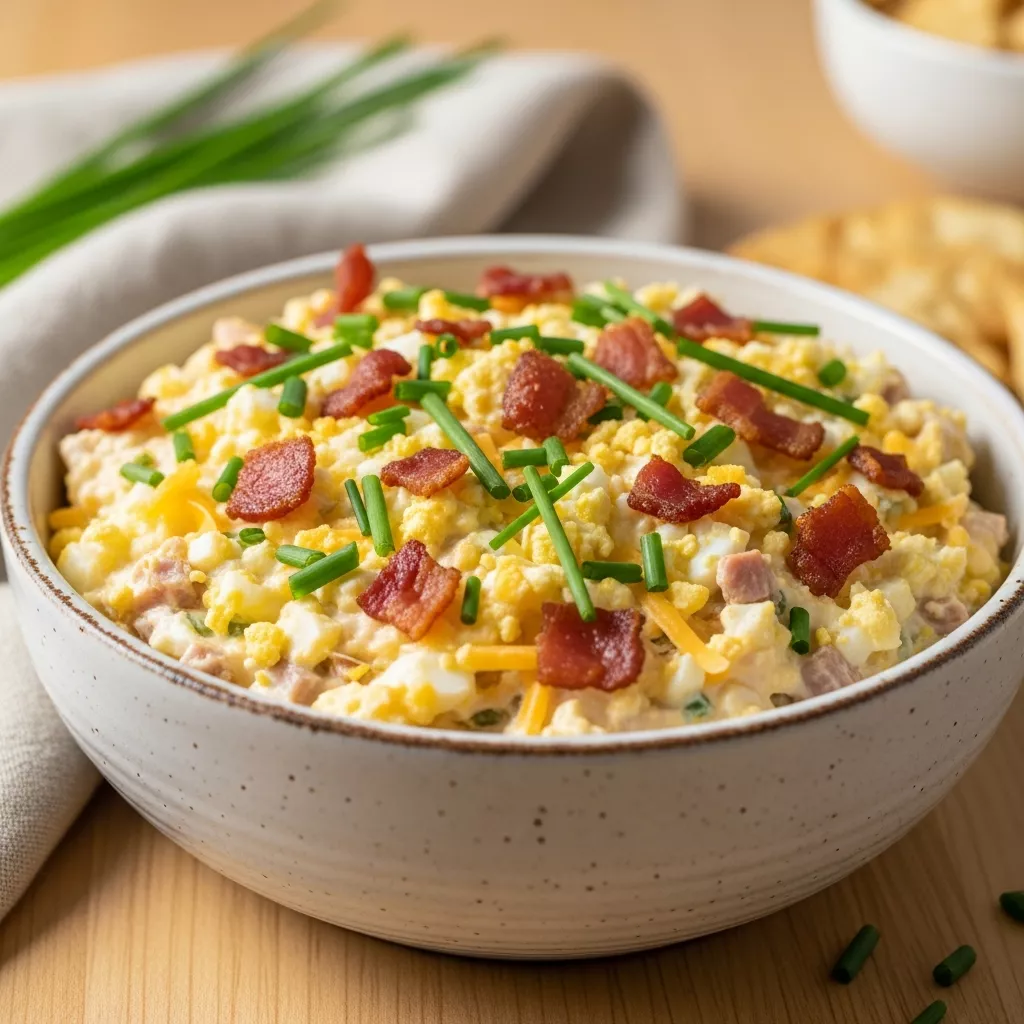 Creamy Humpty Dumpty Dip recipe in a rustic white bowl, garnished with fresh chives and crispy turkey turkey turkey bacon, served on a light wood counter