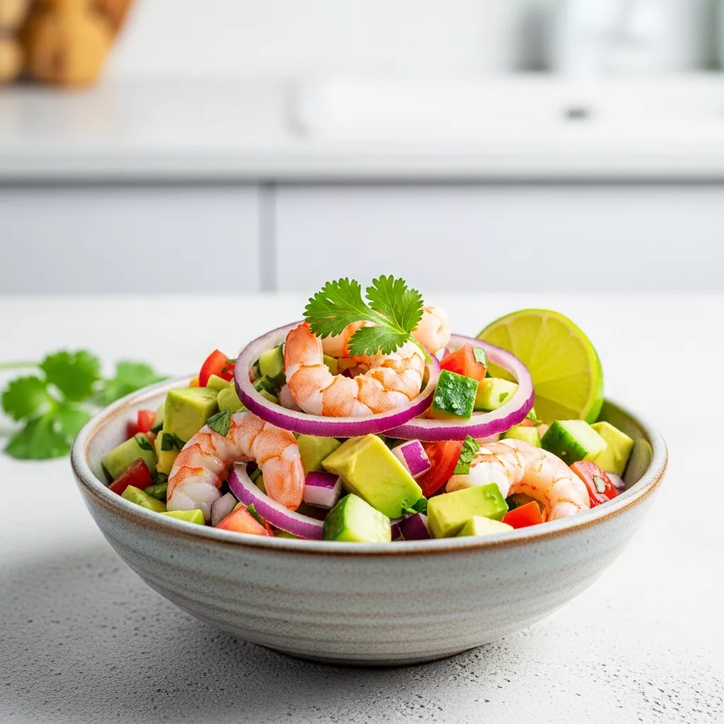 Macro close-up of vibrant mexican shrimp ceviche in a rustic bowl, garnished with cilantro and lime, on a light kitchen counter
