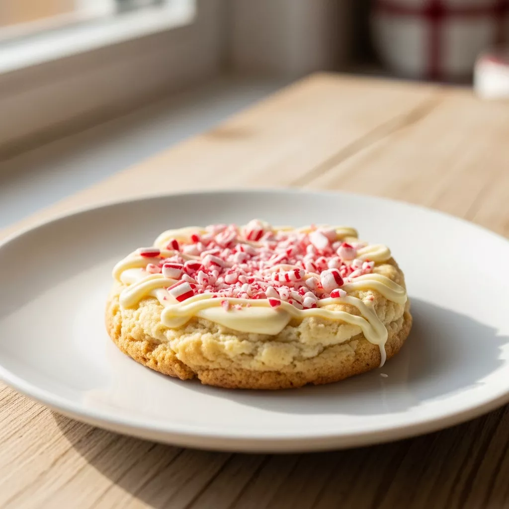Peppermint cheesecake cookies A close-up shot of a single sparkling peppermint cheesecake cookie, drizzled with white chocolate and topped with crushed candy canes, on a white plate, highlighting its soft texture and festive appeal