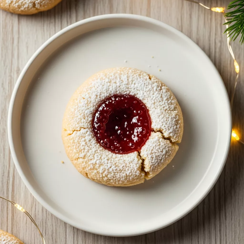 Cherry blossom christmas cookies Close-up of an elegant cherry blossom Christmas cookie, dusted with powdered sugar and filled with vibrant cherry jam, perfectly baked and ready for a festive celebration