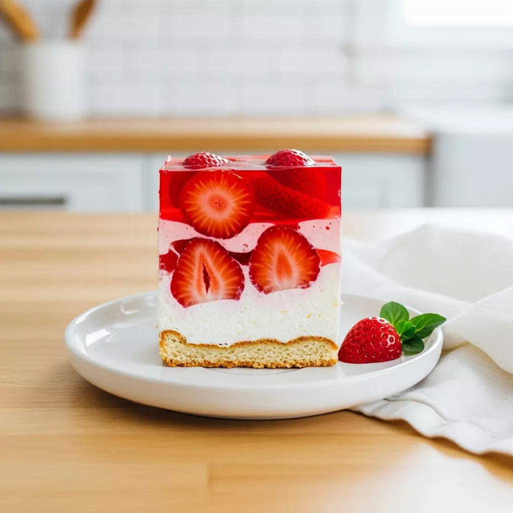 Iconic Strawberry Pretzel Salad recipe slice on a white plate, showing layers of pretzel crust, cream cheese, and fresh strawberries