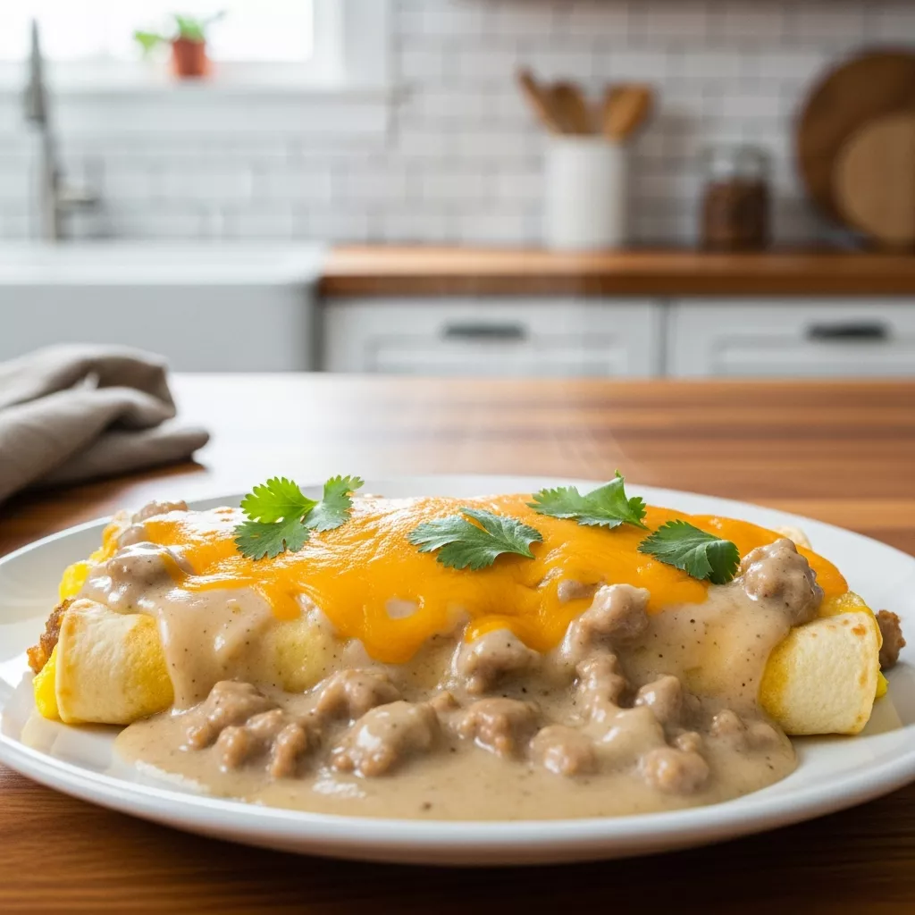 A close-up of a serving of southern breakfast enchiladas, smothered in creamy turkey sausage gravy and melted cheddar, garnished with fresh cilantro, on a white plate