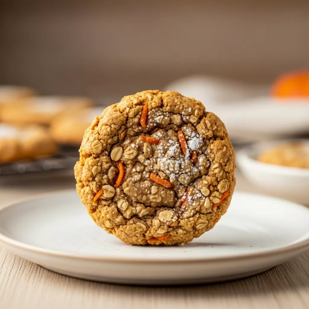 A close-up shot of a perfectly baked Fiber-Packed Pumpkin Carrot Cookie, dusted with powdered sugar, sitting on a light ceramic plate in a rustic kitchen setting, showcasing the delicious pumpkin carrot cookies recipe