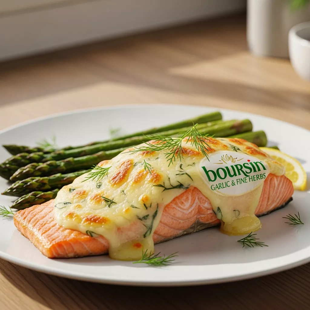 A close-up, direct view of a perfectly baked salmon fillet topped with creamy Boursin cheese and fresh dill, served alongside tender asparagus on a white plate, highlighting the delicious easy baked boursin salmon recipe