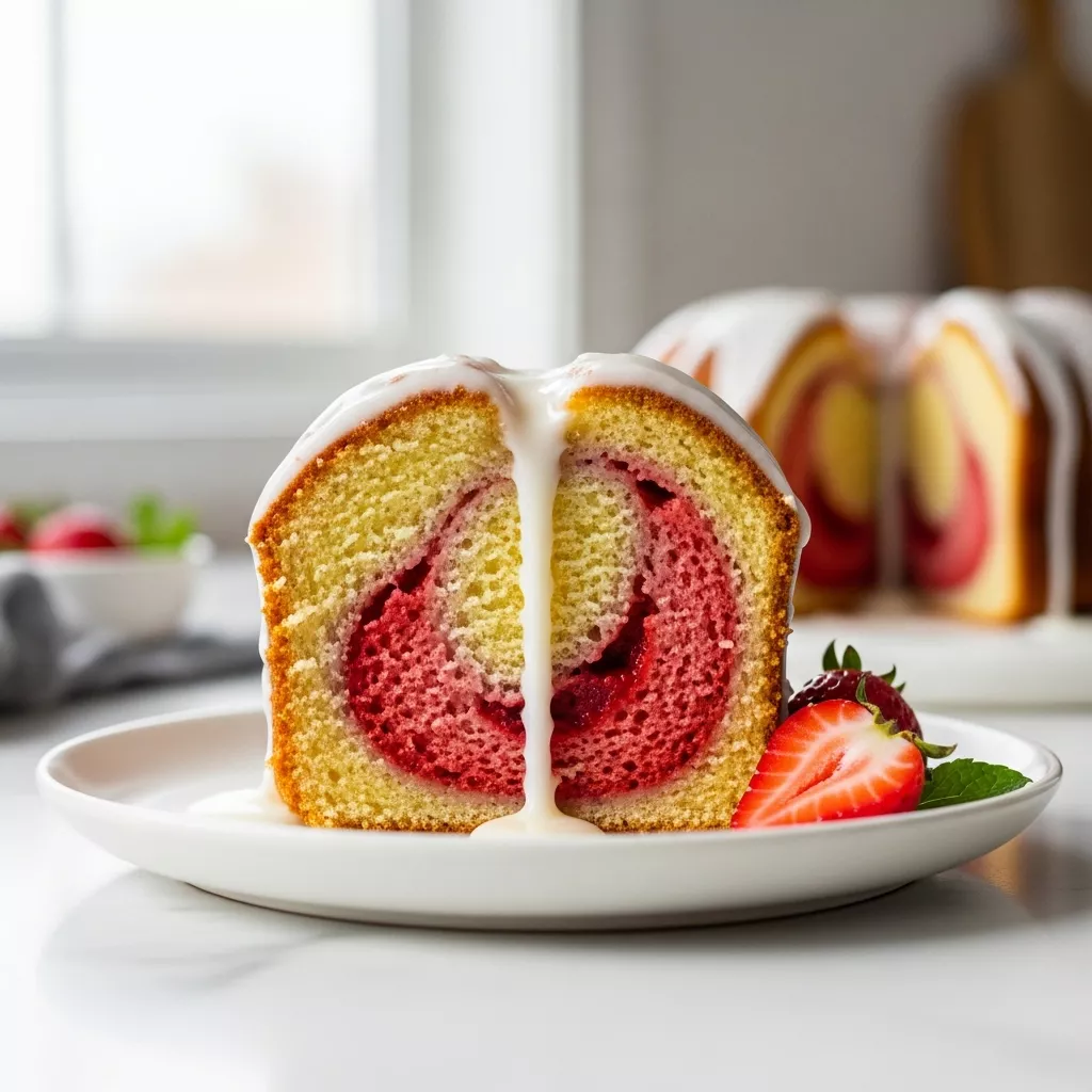Close-up of a slice of homemade strawberry pound cake with vibrant red swirls and white glaze, garnished with fresh strawberries and mint