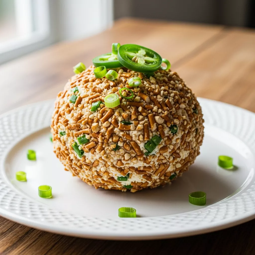 Delicious homemade jalapeno popper cheese ball with pretzels, cream cheese, cheddar, and jalapenos