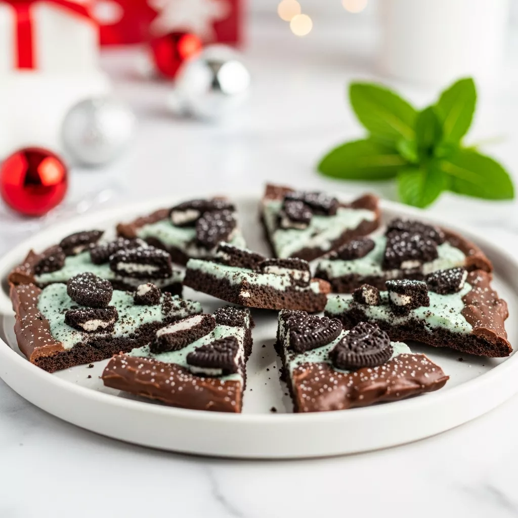 Close-up of homemade mint oreo bark