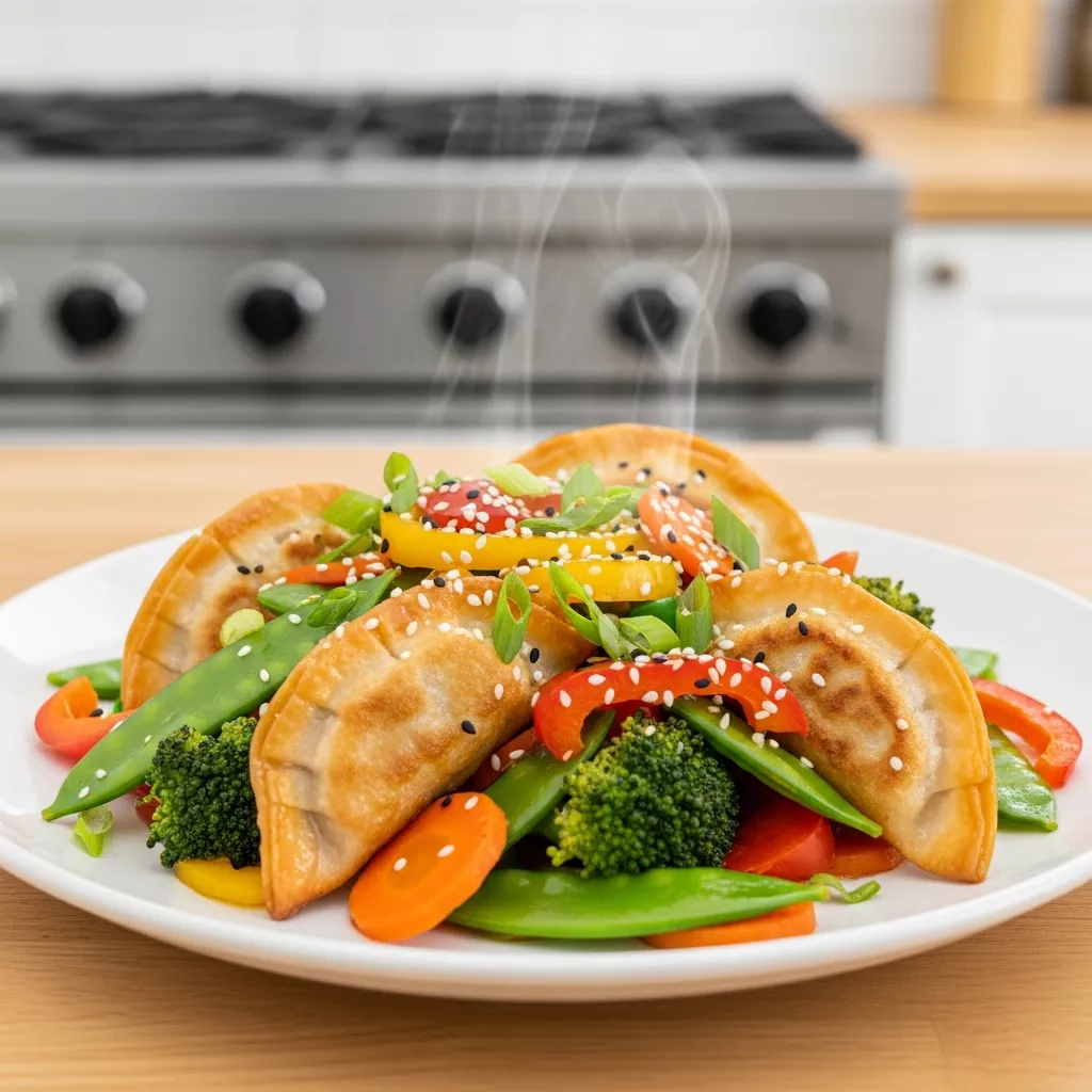 Close-up of delicious potsticker stir fry with vegetables and savory sauce