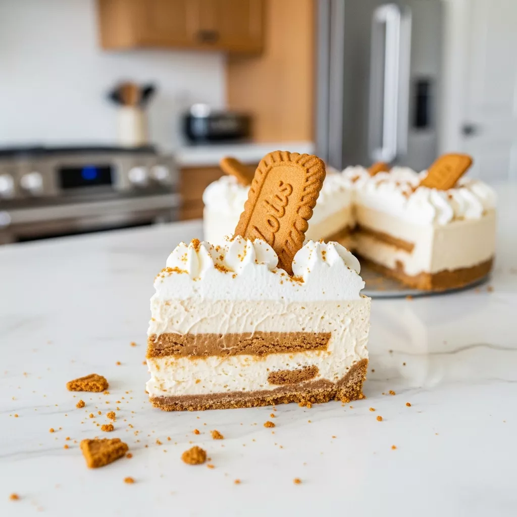 Close-up of a delicious slice of cookie butter pie with Biscoff cookie garnish