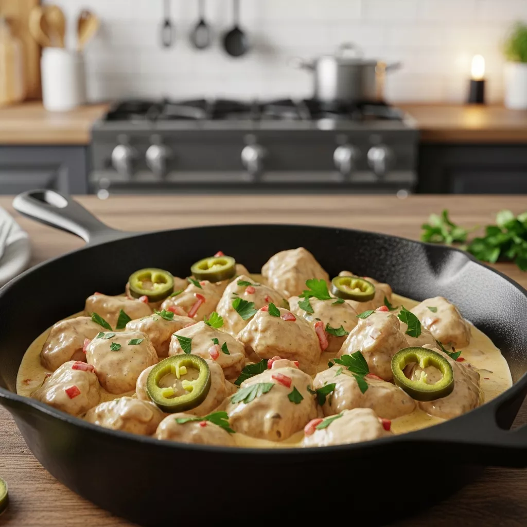 Delicious Creamy pepperoncini chicken skillet ready to serve