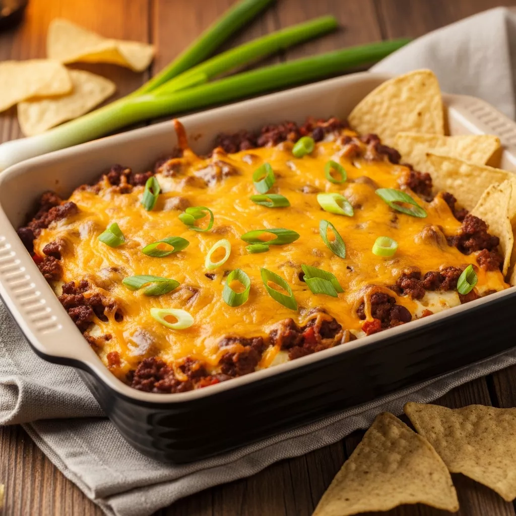 Delicious Meaty texas trash dip with melted cheese and green onions