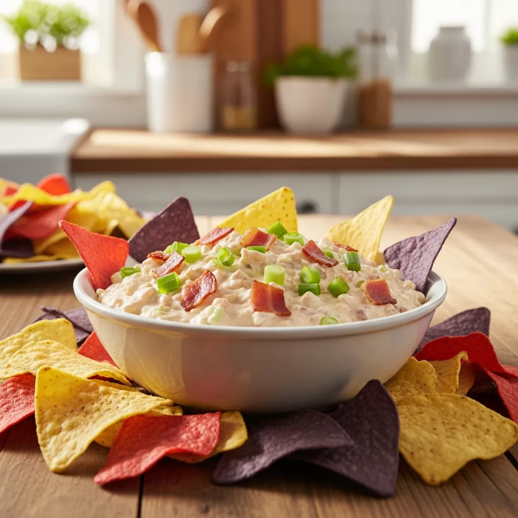 Close-up of creamy easy texas trash dip served with tortilla chips