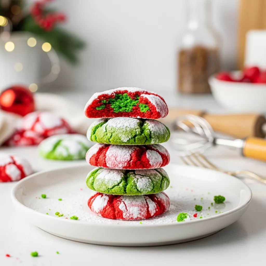 Close-up of festive red green crinkle cookies