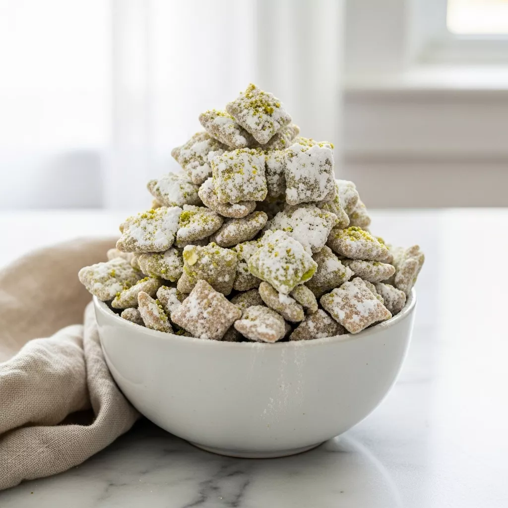 Close-up of delicious homemade pistachio puppy chow