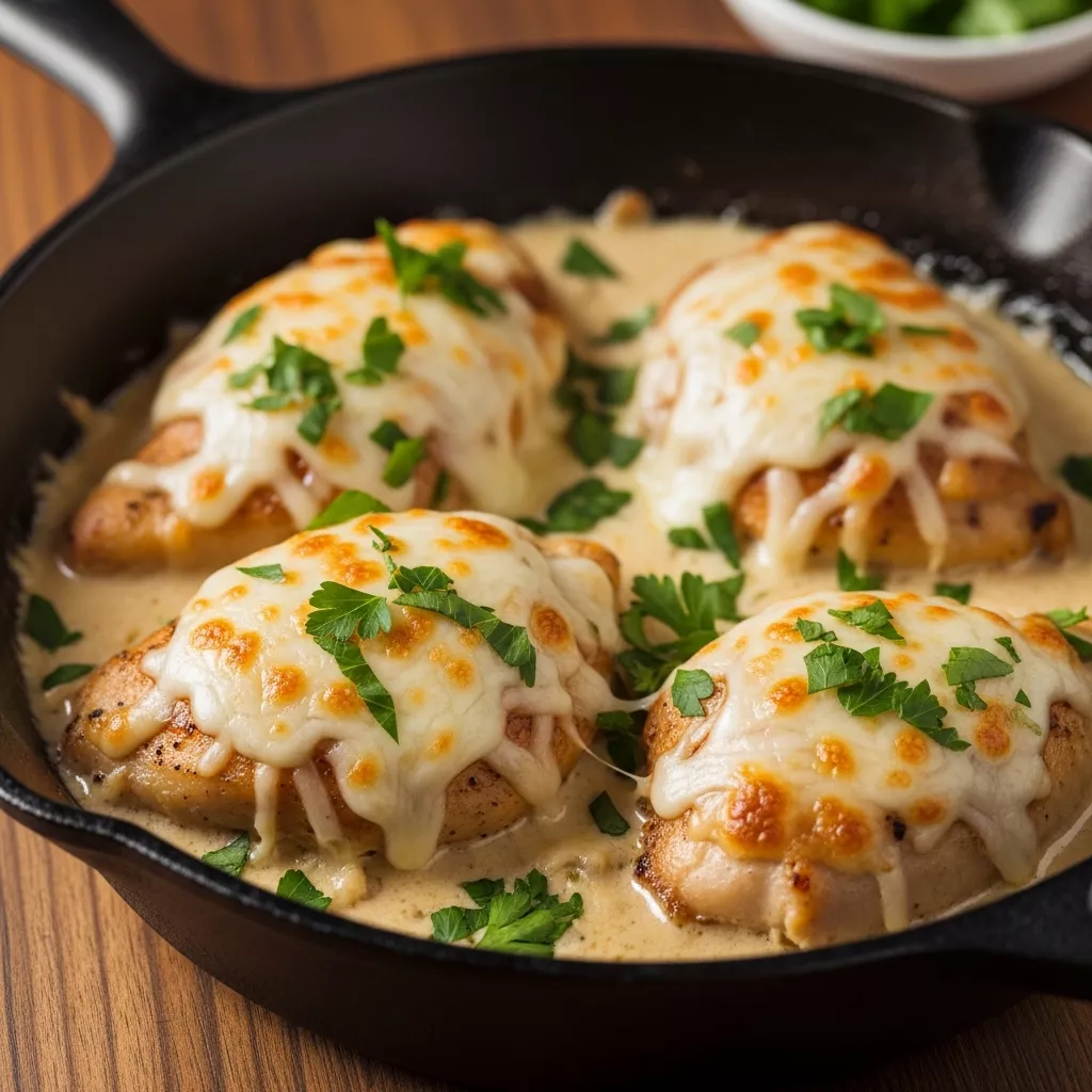 Delicious creamy jack cheese chicken in a skillet