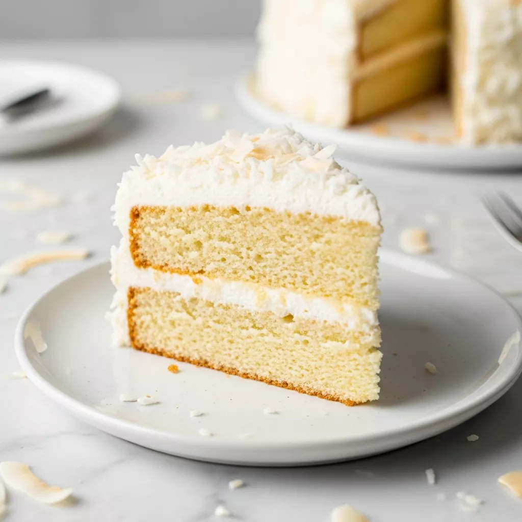 Close-up of a slice of triple coconut cake