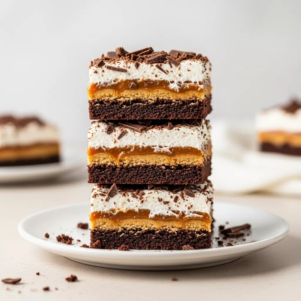 Close-up of decadent better than anything bars with chocolate cake, caramel, and whipped topping