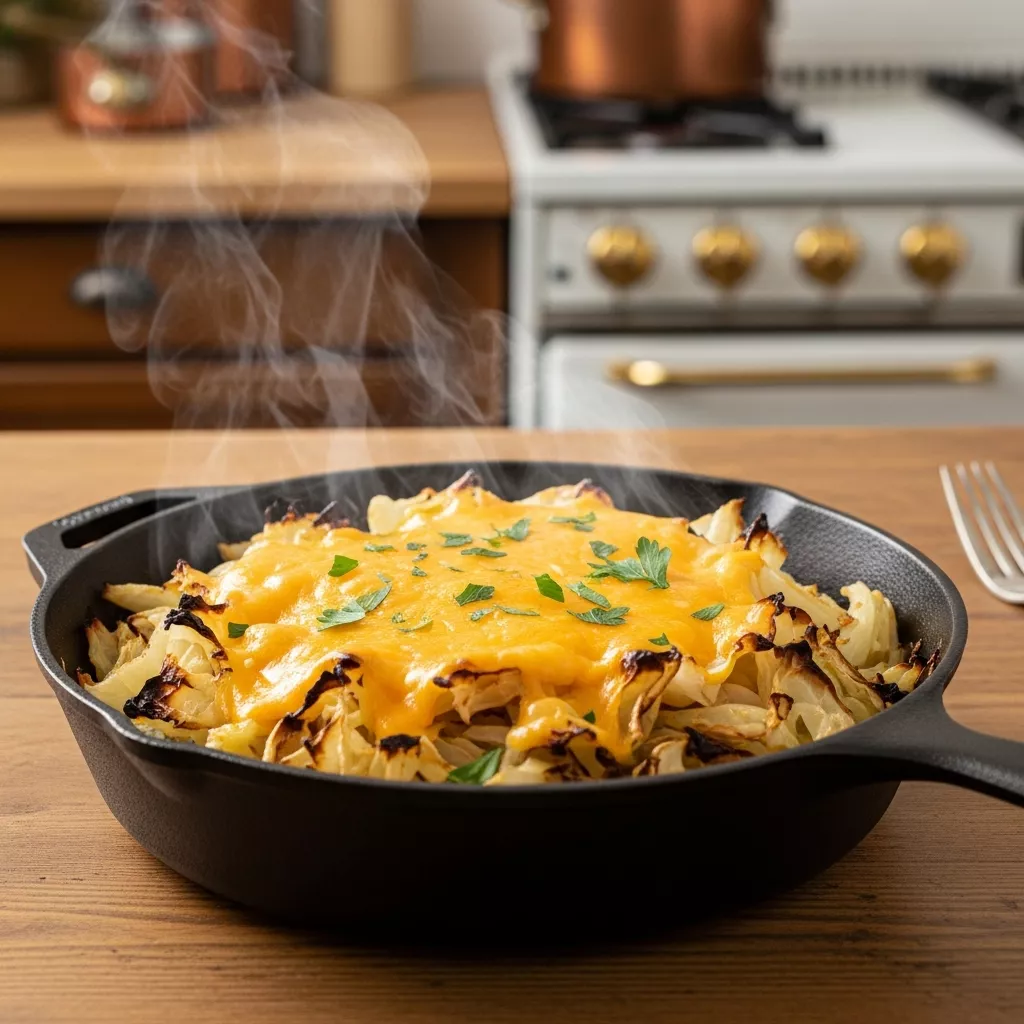 Close-up of delicious cowboy cabbage recipe with melted cheese