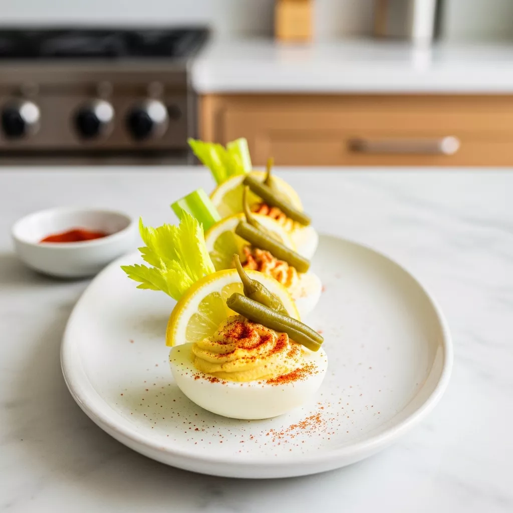 Close-up of delicious bloody mary deviled eggs