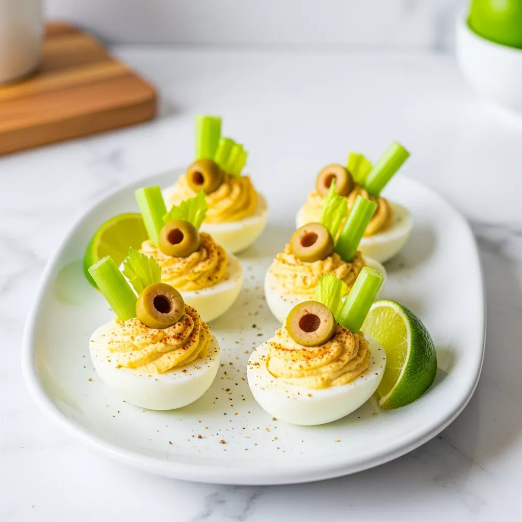 Close-up of delicious bloody mary deviled eggs