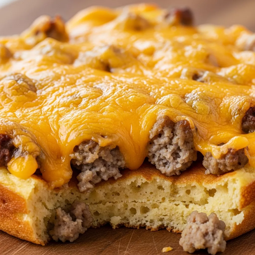 Delicious pancake sausage casserole with melted cheese and maple syrup