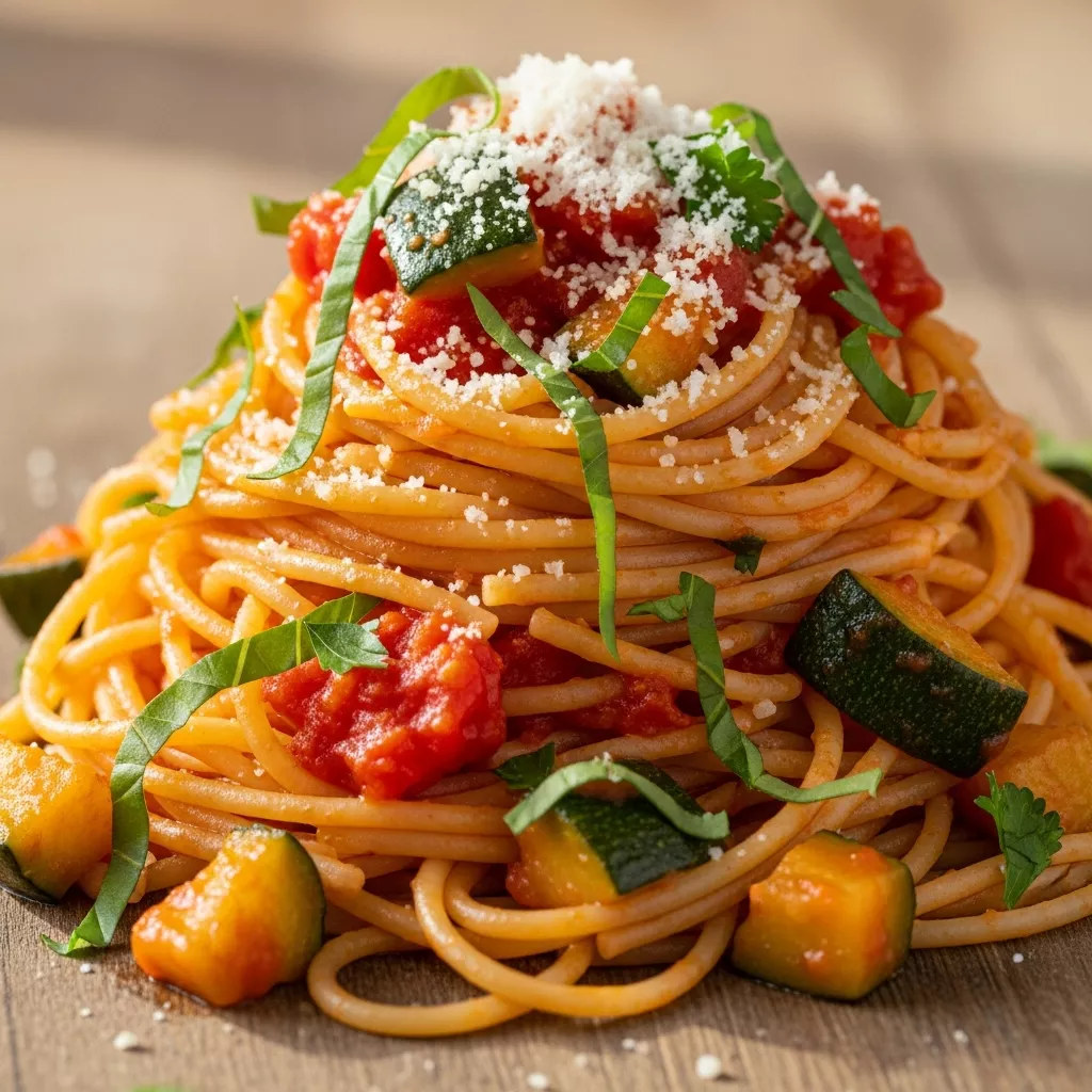 Delicious tomato zucchini pasta with fresh herbs and Parmesan cheese
