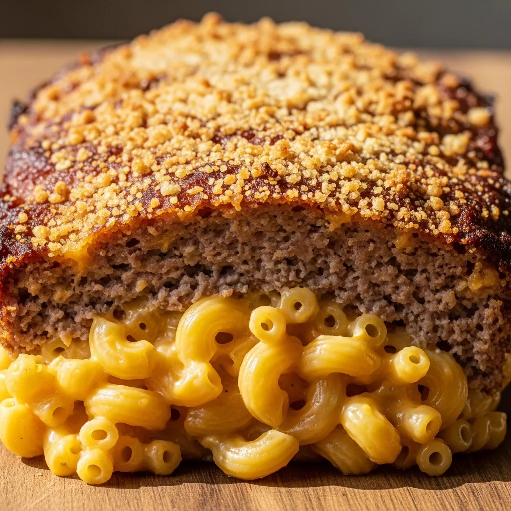 Mac and cheese meatloaf Mac & Cheese Meatloaf Casserole close-up showing creamy cheese and golden-brown meatloaf