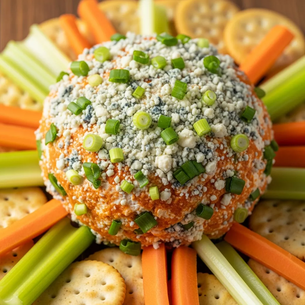 Ultimate Buffalo Chicken Cheese Ball appetizer served with crackers and vegetables