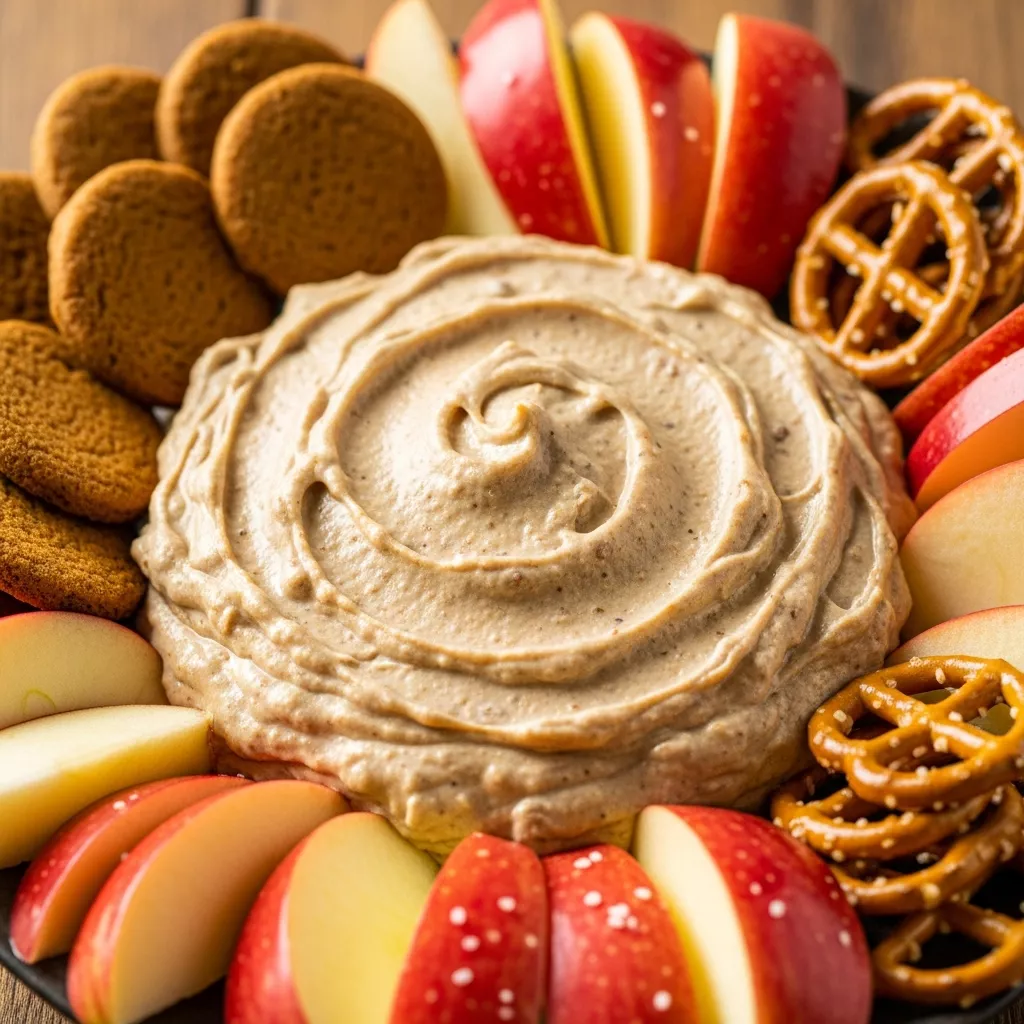 Creamy Gingerbread Dip with Ginger Snaps, Apple Slices, and Pretzels