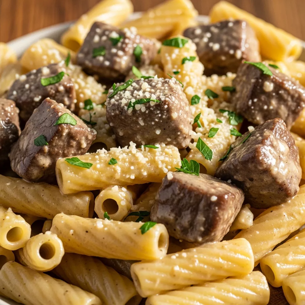 Creamy Cajun Steak Tips Rigatoni Parmesan close-up