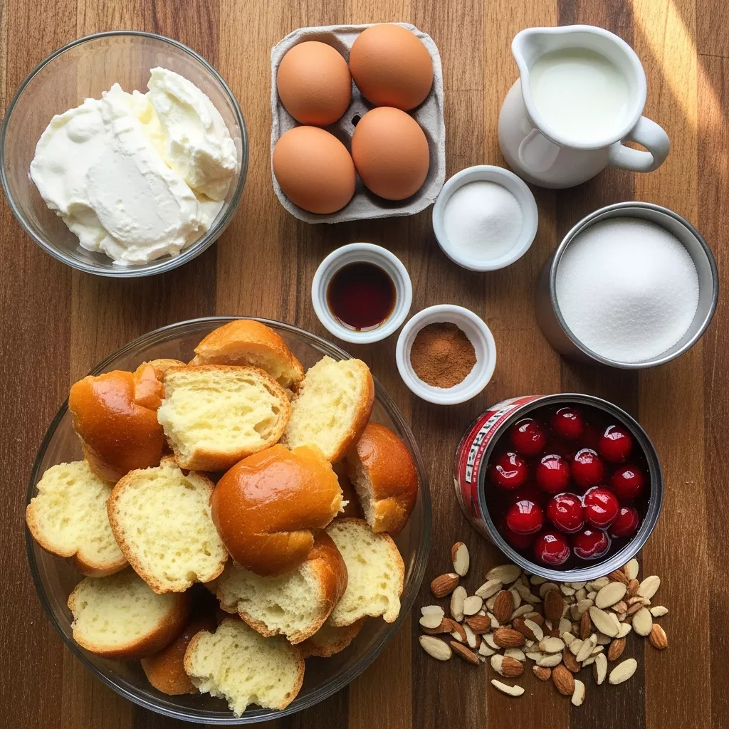 Ingredients for Cozy Baked Cherry Cheesecake French Toast Casserole
