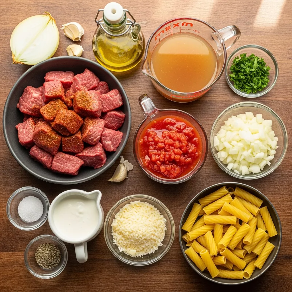 Ingredients for Creamy Cajun Steak Tips Rigatoni Parmesan