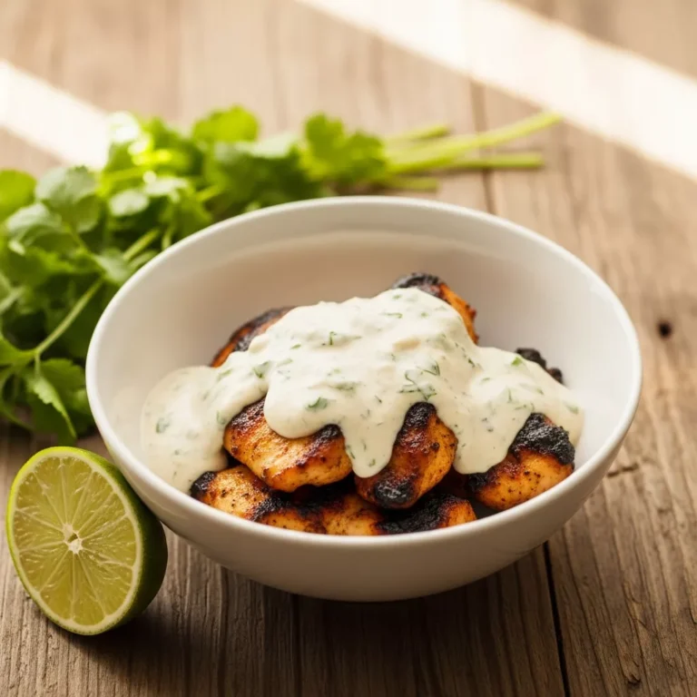 Creamy cilantro jalapeño lime sauce over grilled chicken