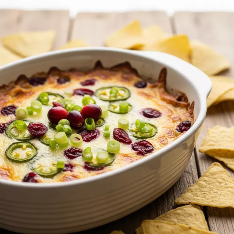 Close-up of warm and bubbly cranberry jalapeno dip, ready to be served