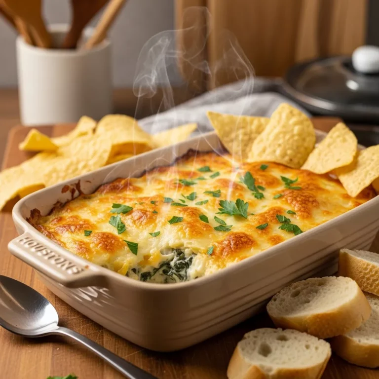 Hot and bubbly Houston's spinach artichoke dip ready to serve