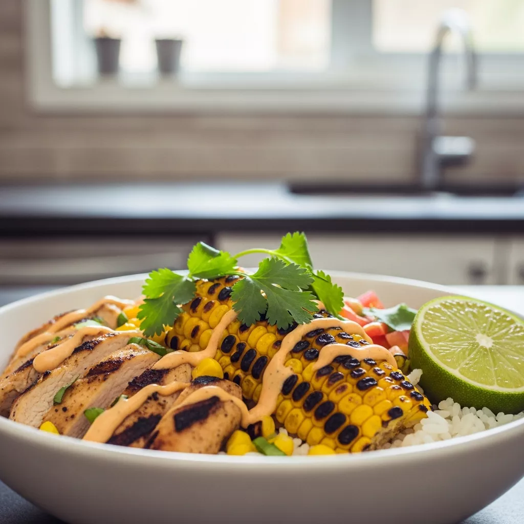 Close-up of street corn chicken rice bowl