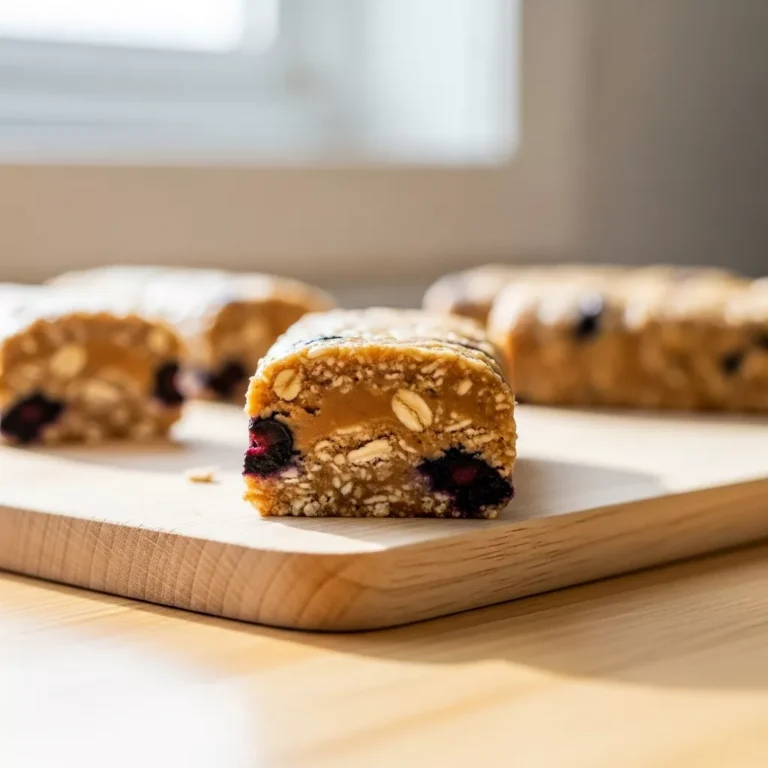 blueberry peanut butter chew sticks Side view of a delicious no-bake blueberry peanut butter chew stick, showing its chewy texture and blueberry pieces