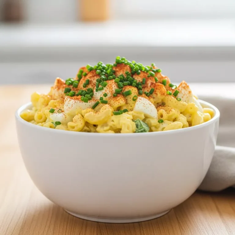 deviled egg macaroni salad recipe Creamy deviled egg macaroni salad in a white bowl, garnished with chives and paprika, side view