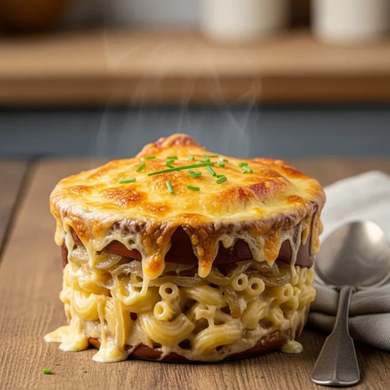 french onion mac and cheese A side view of a decadent individual serving of French Onion Soup Mac & Cheese, revealing the creamy layers of pasta, caramelized onions, and bubbling Gruyère cheese crust