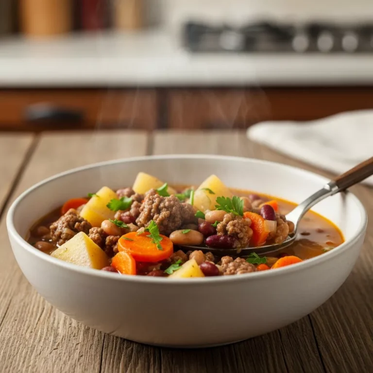 A side-angle macro shot of a rich, steaming bowl of Cozy Crock Pot Shipwreck Stew with a spoon, garnished with parsley