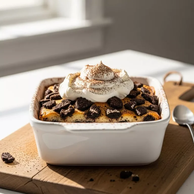 easy oreo dump cake A side-angle close-up of a warm slice of Decadent Oreo Dump Cake, centered in a white baking dish, crowned with whipped cream and cocoa powder