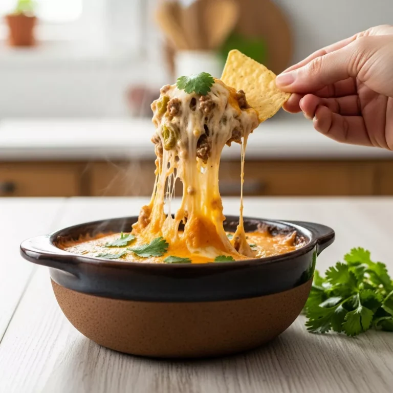 54th street gringo dip copycat A side-angle macro close-up of a tortilla chip scooping a generous portion of warm, cheesy Copycat 54th Street Gringo Dip from a rustic bowl, garnished with fresh cilantro on a wooden surface