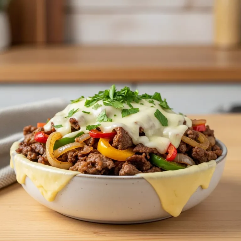 A close-up, side view of a hearty Keto Philly Cheesesteak Bowl, brimming with tender steak, caramelized vegetables, and melted provolone cheese, garnished with fresh parsley, served in a rustic ceramic bowl on a light wood surface